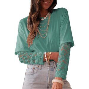 Long Sleeve Lace Patchwork T-Shirt - Feminine Crewneck Top